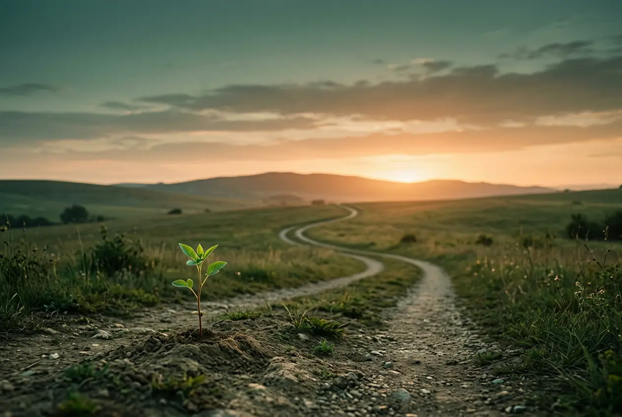 Un sentiero che porta verso una luce calda all'orizzonte