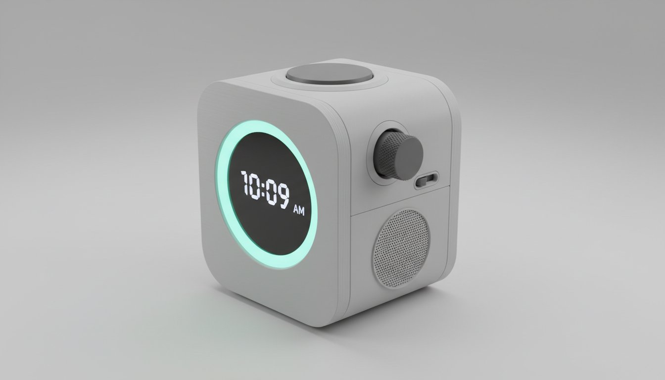 Render del dispositivo FARO: un piccolo cubo con display tondo, manopola e altoparlante